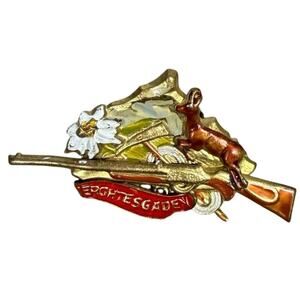 Vintage Berchtesgaden German Hat Pin Brooch Edelweiss Deer Rifle Gorpcore Enamel
